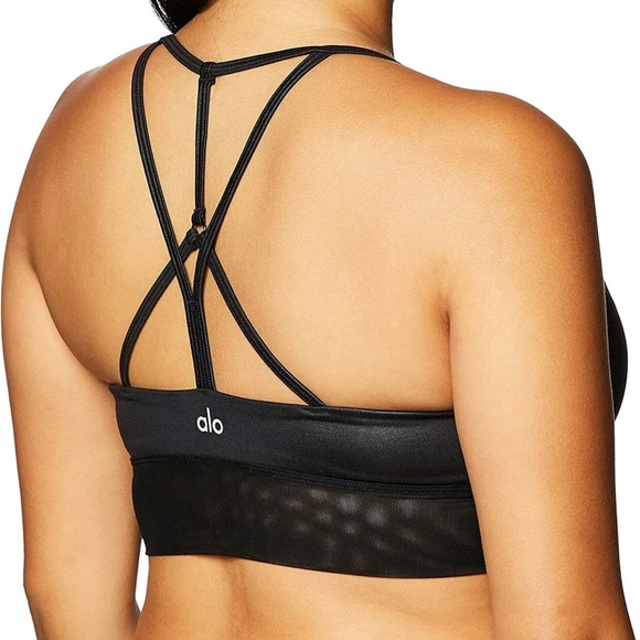 Alo Yoga Strappy Racer Back Sport Bra Black Mesh Trim medium - Picture 7 of 7